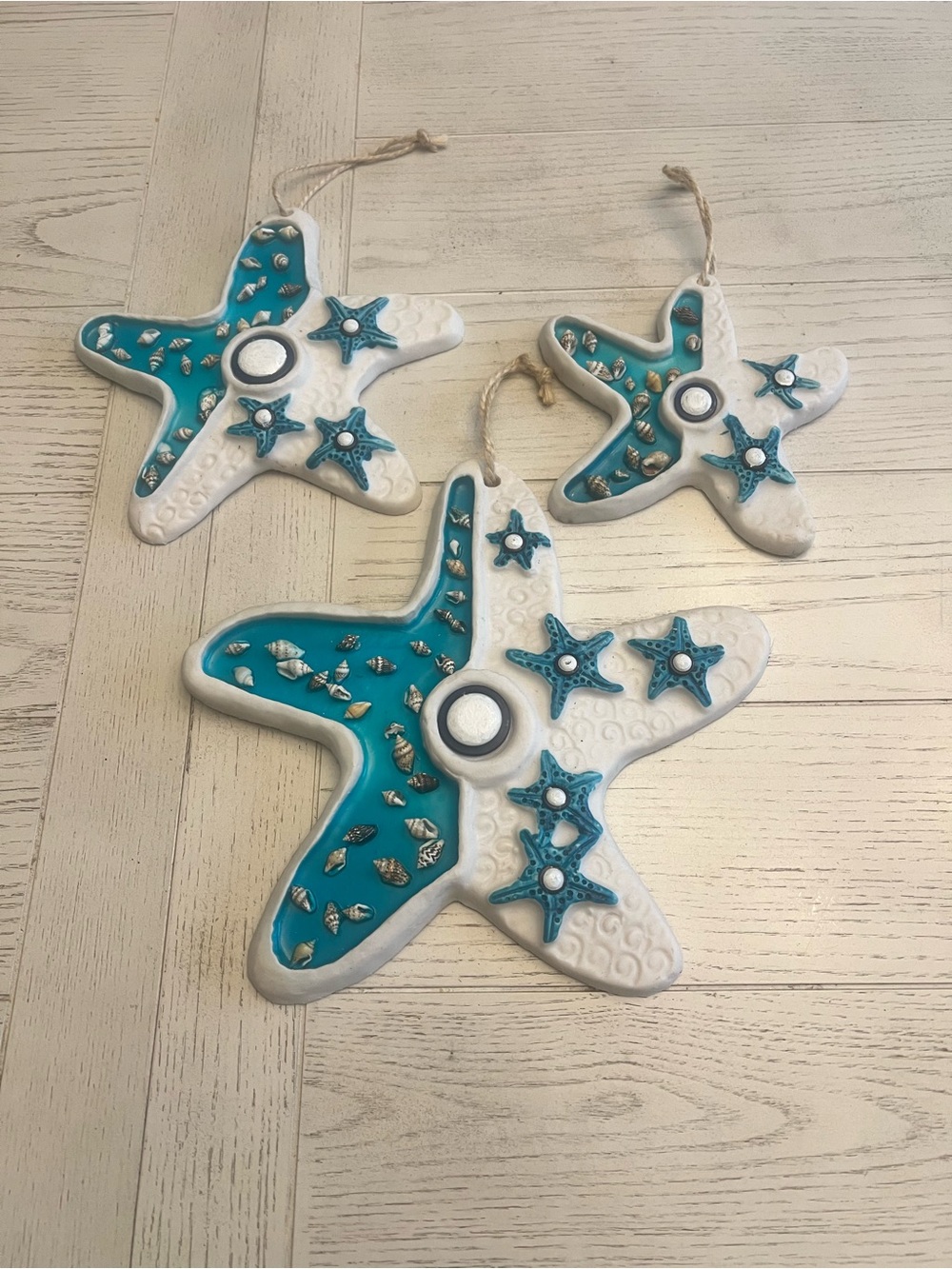 Handmade Teal Starfish Wall Decor Nautical Beach Theme with Seashells- Set of 3